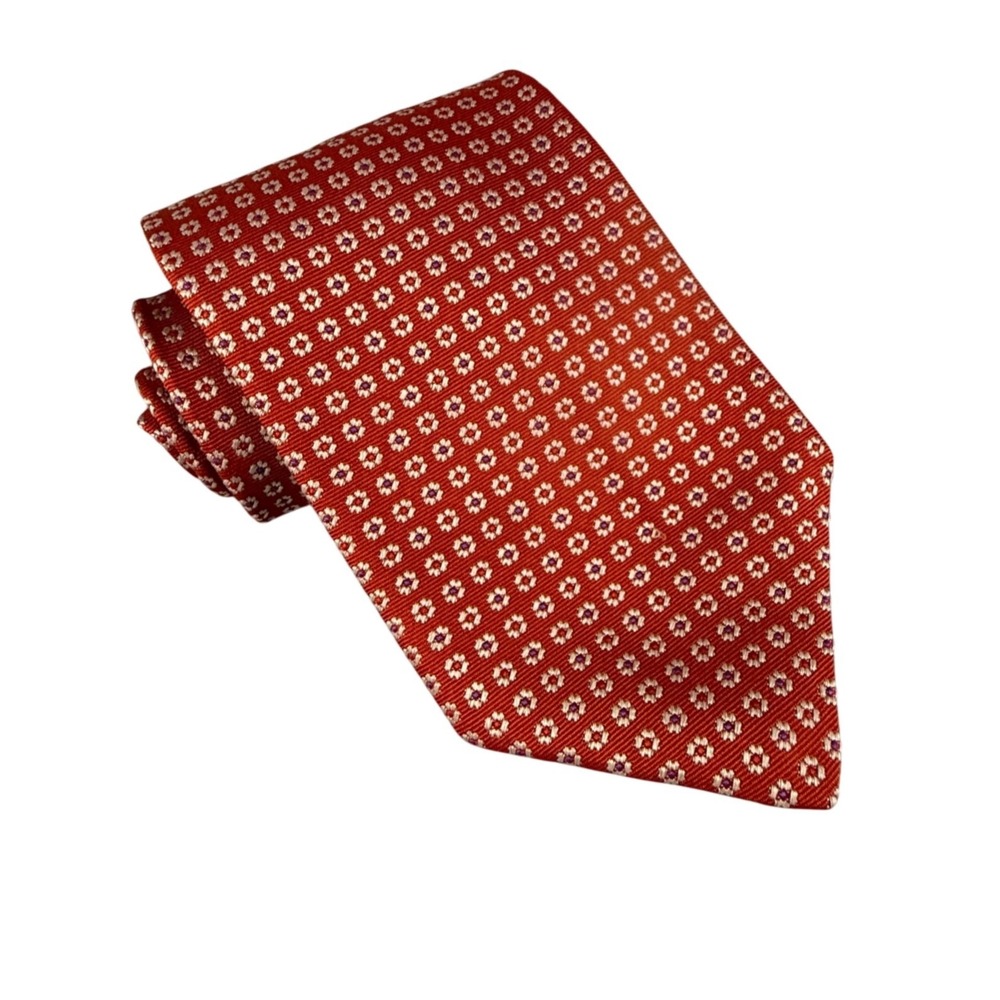 Barneys New York Tie Red Silk Geometric Floral Medallion‎ Tie Hand Made in Italy